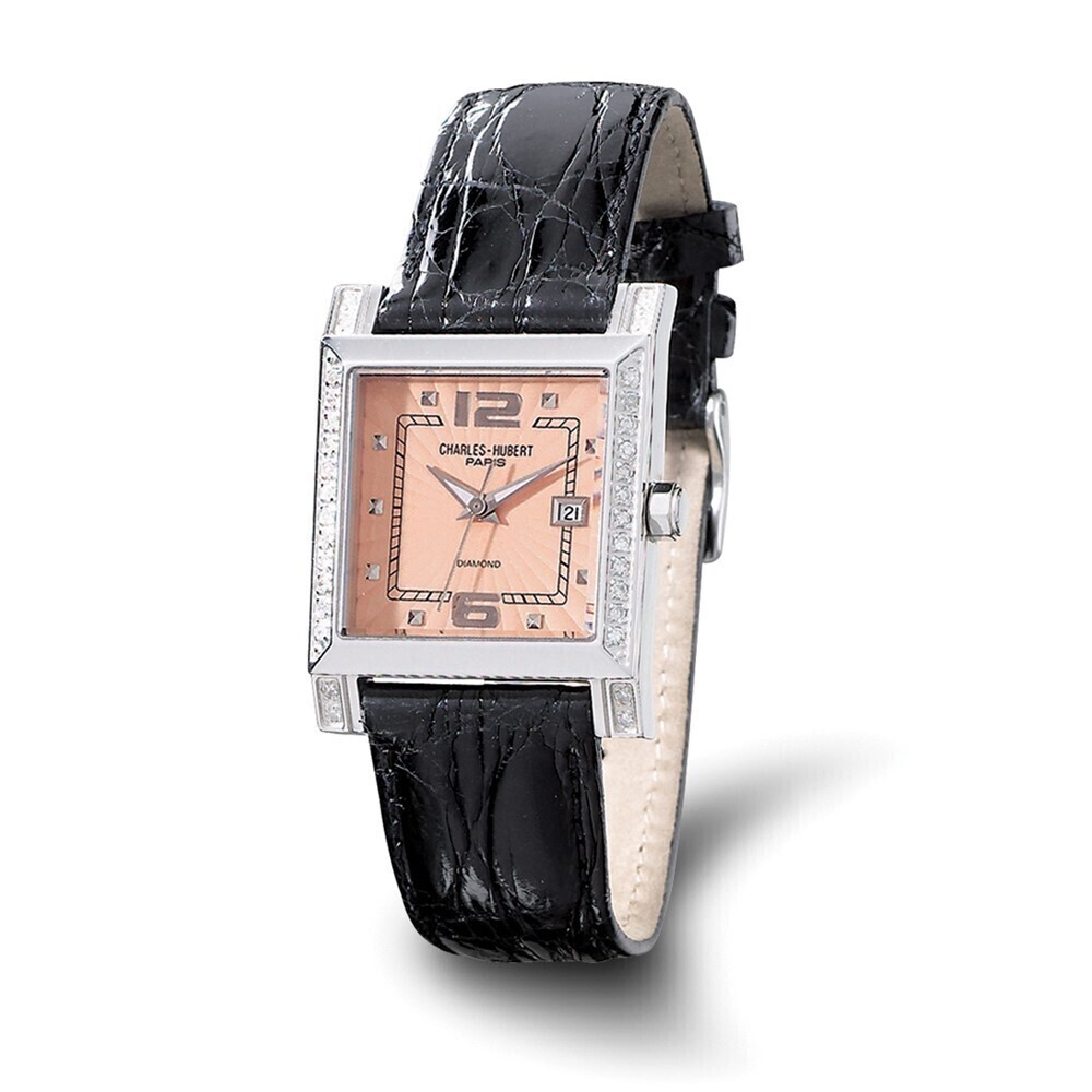 Kazi Luxury Ladies Charles Hubert 0.42ct. Diamond Black Band Peach 29x28mm Dial
